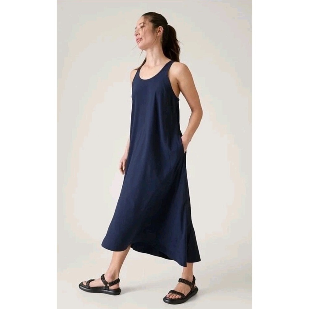 Athleta Presidio Tank Dress Womens XL Navy Blue A-Line Maxi Racerback Pockets